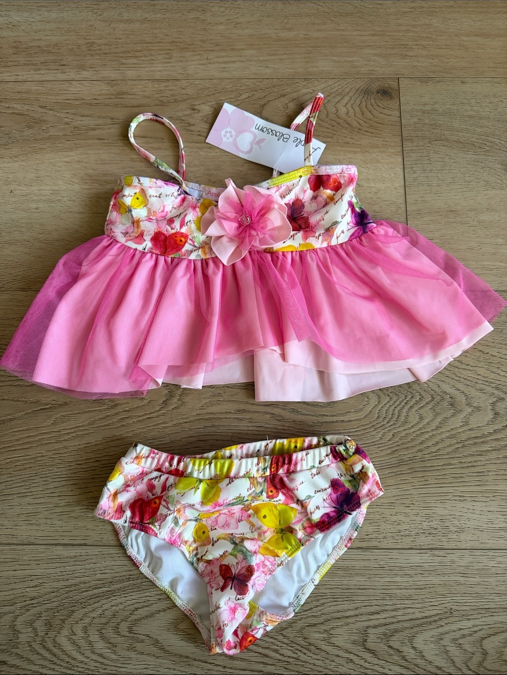 Girls Pink Floral Two-Piece Swim Set with Tulle size 4 NWT